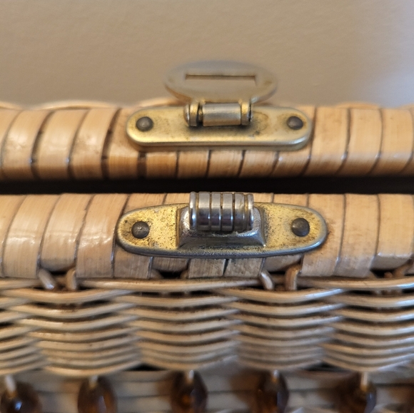 Vintage Beaded Woven Top Handle Bag Natural Wicker MCM - Picture 7 of 10